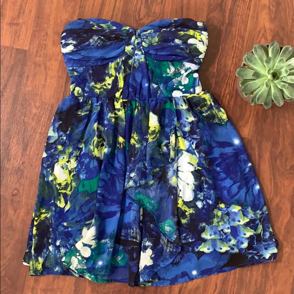 Blue floral chiffon mini dress with back cutout